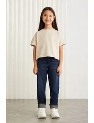 Verena Girl's 100% Cotton Double Sleeve Ornamental Label Beige T-shirt - 1