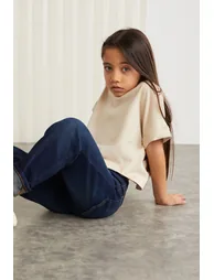 Verena Girl's 100% Cotton Double Sleeve Ornamental Label Beige T-shirt - 3