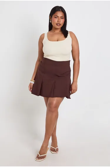 Plus Bengaline Pleated Mini Skirt - chocolate