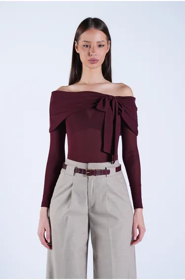 Women's Burgundy Carmen Collar Tie Detailed Transparent Blouse