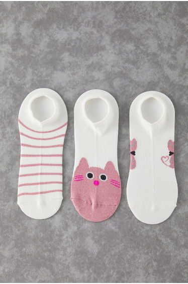 White-Multicolored 3-Pack Striped and Cat Jacquard Knitted Socks
