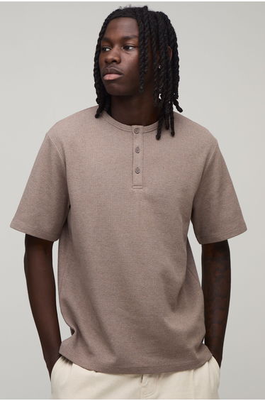 Regular Fit Waffle Henley T-Shirt - taupe