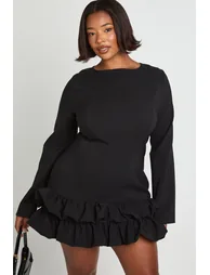 Plus Woven Puff Sleeve Ruffle Hem Shift Dress - black