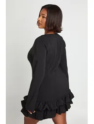Plus Woven Puff Sleeve Ruffle Hem Shift Dress - black - 1