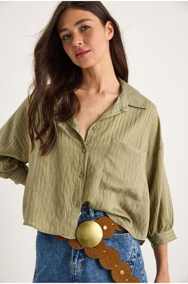 LUCCI Textured Striped Crop Shirt with Button Closure and Pocket