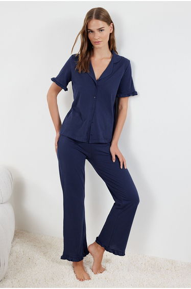 Indigo 100% Cotton Solid Ruffle Single Jersey Knitted Pajama Set