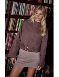 Chocolate Cropped Belted Biker Jacket - 4