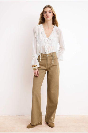 Camel Pearl Detailed Washing Effect High Waist 100% Cotton W Wide Leg Jeans
