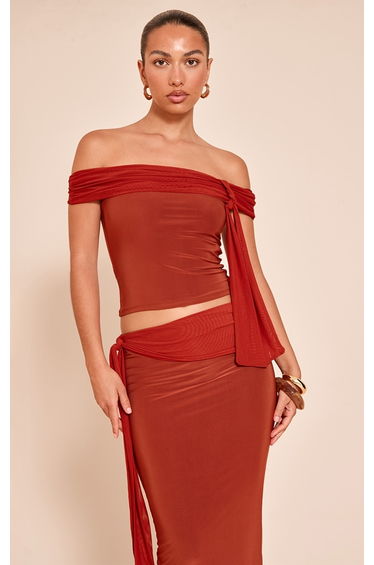 Burnt Orange Double Slinky Knotted Bardot Top