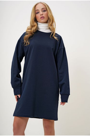 Women's Navy Blue Crew Neck Sweatshirt Dress