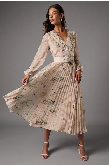 Long Sleeve V Neck Pleated Midi Dress With Belt
