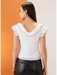 Women White V-Neck Ruffle Piping Detail Top - 3