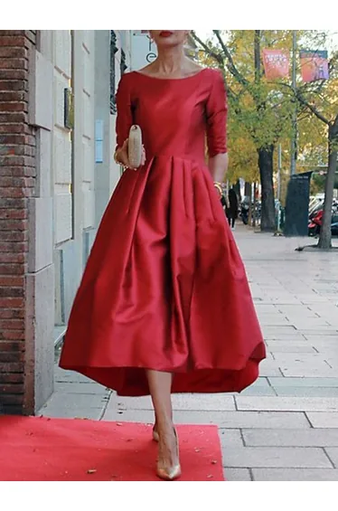 A-Line Loose Pleated Pockets Solid Color Split-Joint Round-Neck Midi Dresses