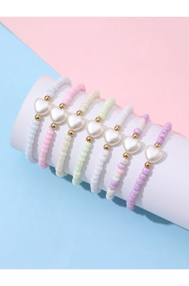 Pack of 7 - Pastel Beaded Heart Bracelet
