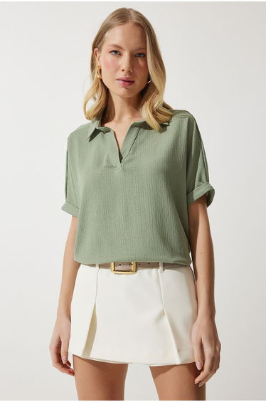 Women's Khaki Polo Neck Knitted Crinkle Blouse