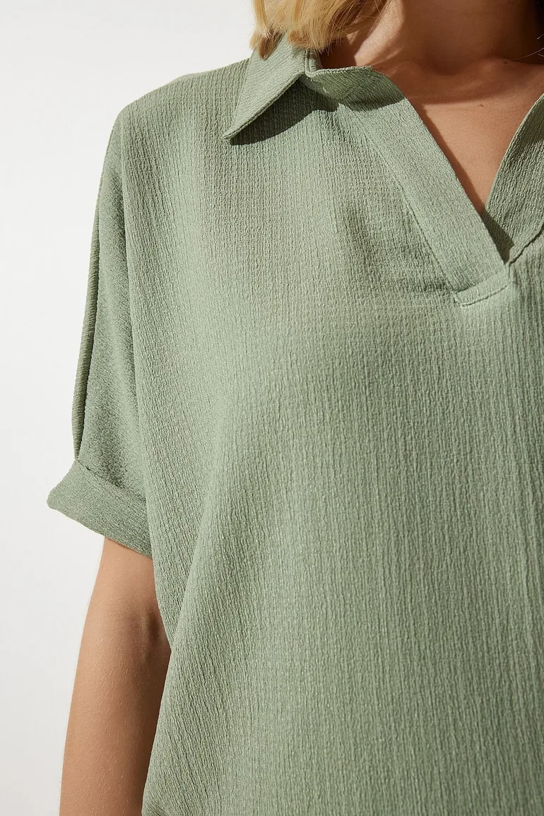 Women's Khaki Polo Neck Knitted Crinkle Blouse - 5