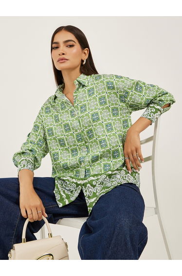 All-Over Print Spread Collar Oversized Shirt
