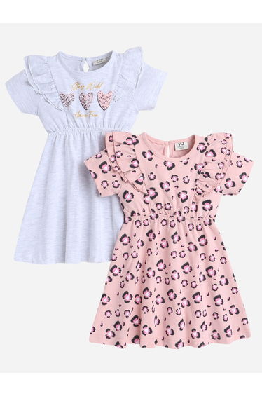 Pack of 2 - All Over Printed Ruffle Trim Dress