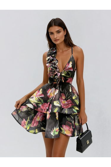 Felyndis Flower Tiered Mini Dress In Black