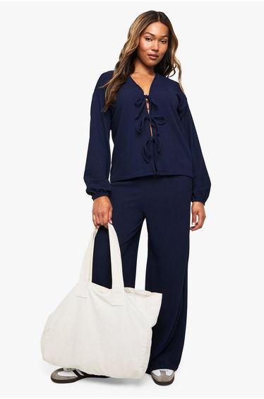 Plus Rib Tie Front Blouse and Trouser Co-ord - navy