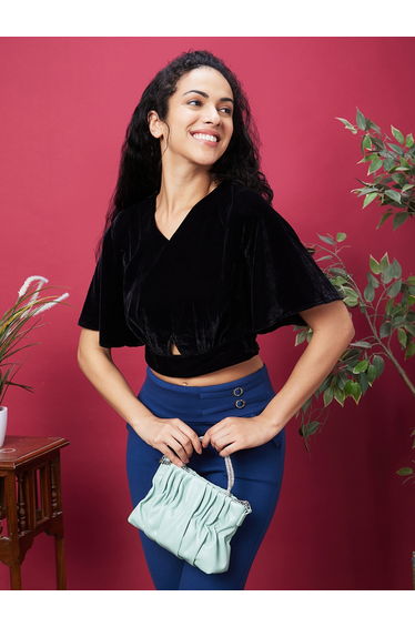 Solid V-Neck Flared Sleeves Velvet Crop Top