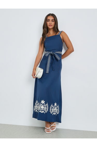 Blue Embroidered A-Line Maxi Dress