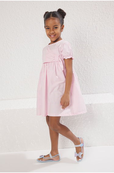 Pink Girl Cotton Balloon Sleeve Double Breasted Detail Mini Holiday Woven Dress