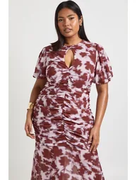 Plus Floral Printed Puff Sleeve Keyhole Detail Ruched Waist Maxi Dress - mauve - 2