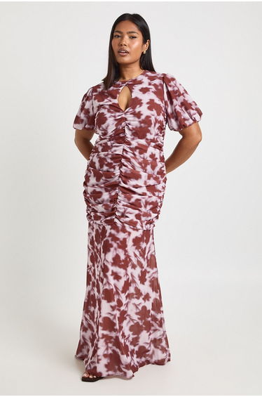 Plus Floral Printed Puff Sleeve Keyhole Detail Ruched Waist Maxi Dress - mauve