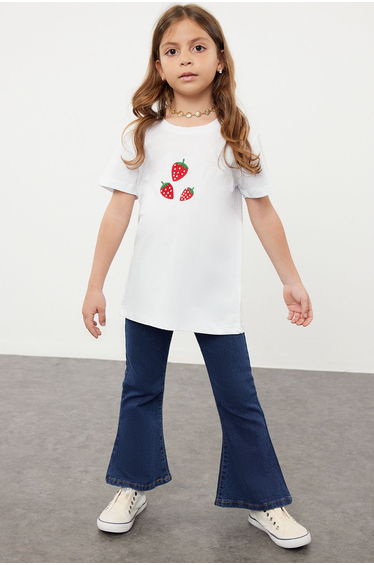 Girl's White Strawberry Patterned Knitted T-Shirt