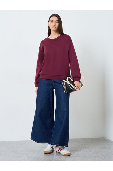Burgundy Solid Oversized Sweatshirt