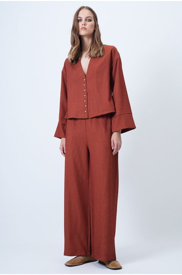 Women's Tile Court Collar Gold Button Detailed Velvet Jacket and Palazzo Pants Two-Piece Suit