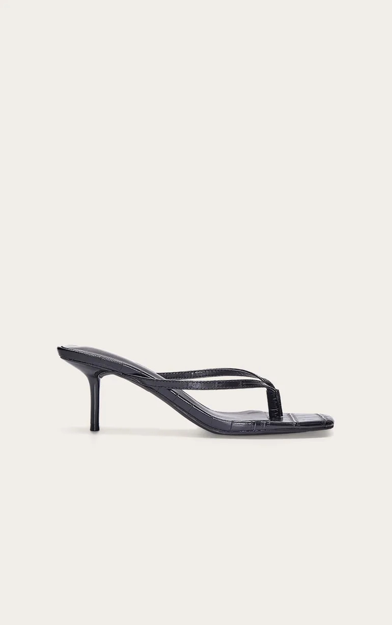 Black Pu Square Toe Thong Mid Stiletto Heeled Mules - 1