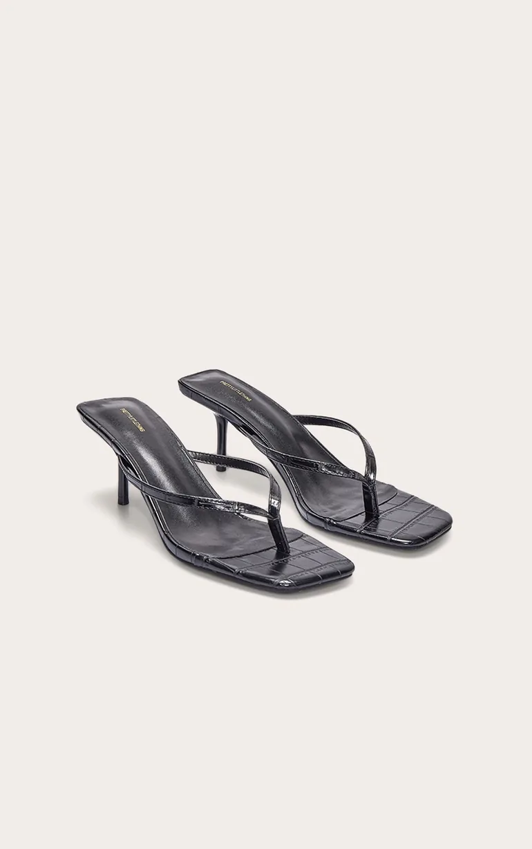 Black Pu Square Toe Thong Mid Stiletto Heeled Mules - 2