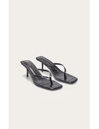 Black Pu Square Toe Thong Mid Stiletto Heeled Mules - 2