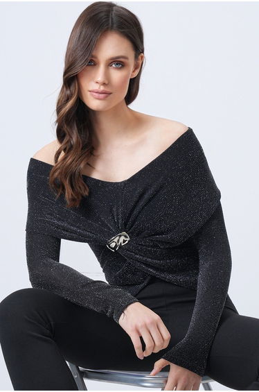 Woman's black v-neck Draped accessory detailed glittery blouse