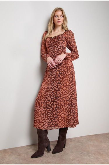 Printed Chiffon Shoulder Detail Shirred Back Midi Dress