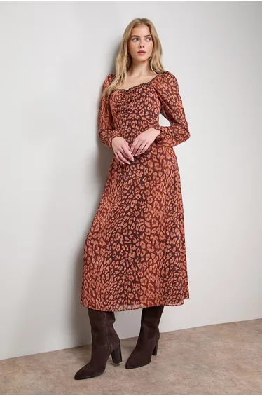 فستان ميدي شيفون بظهر مزموم بطبعة