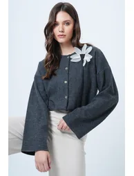 Women's anthracite floral brooch accessory knit cardigan - 1
