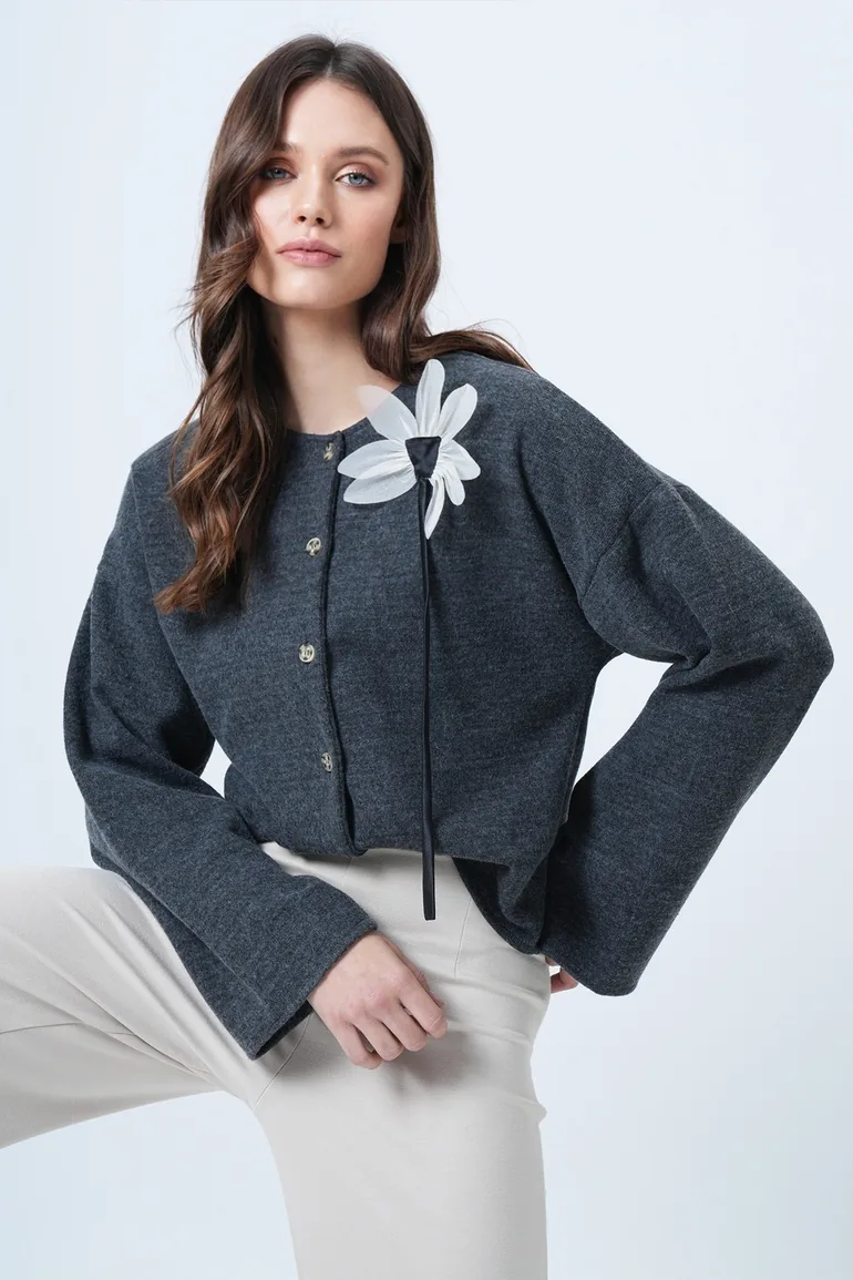 Women's anthracite floral brooch accessory knit cardigan - 2
