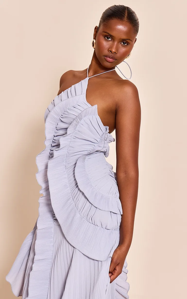 فستان ماكسي بياقة هالتر بكسرات - أزرق رمادي - 3