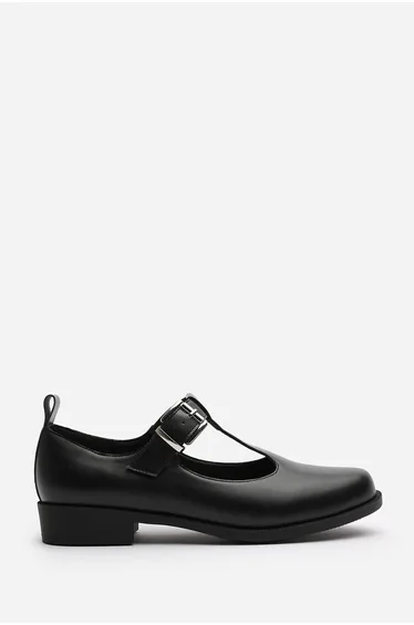 Natalie Wide Fit Mary Jane Loafers With Buckle Strap In Black Faux Leather