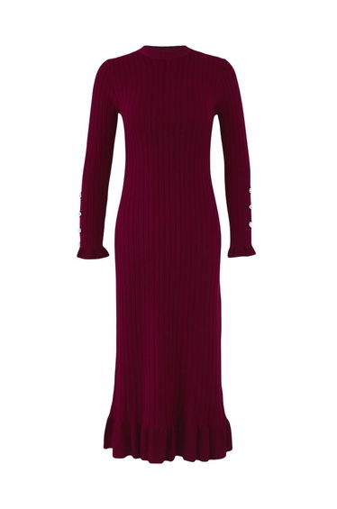 Burgundy Skirt Ruffle Rib Knit Dress