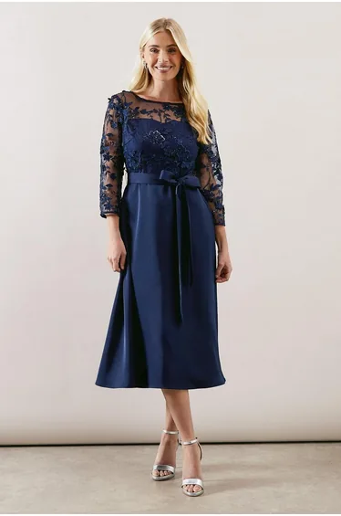 Petite Occasion Satin and Mesh Overlay Fit And Flare Dress