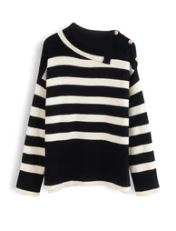 Buttoned Neck Striped Oversize Sweater in Black - 4