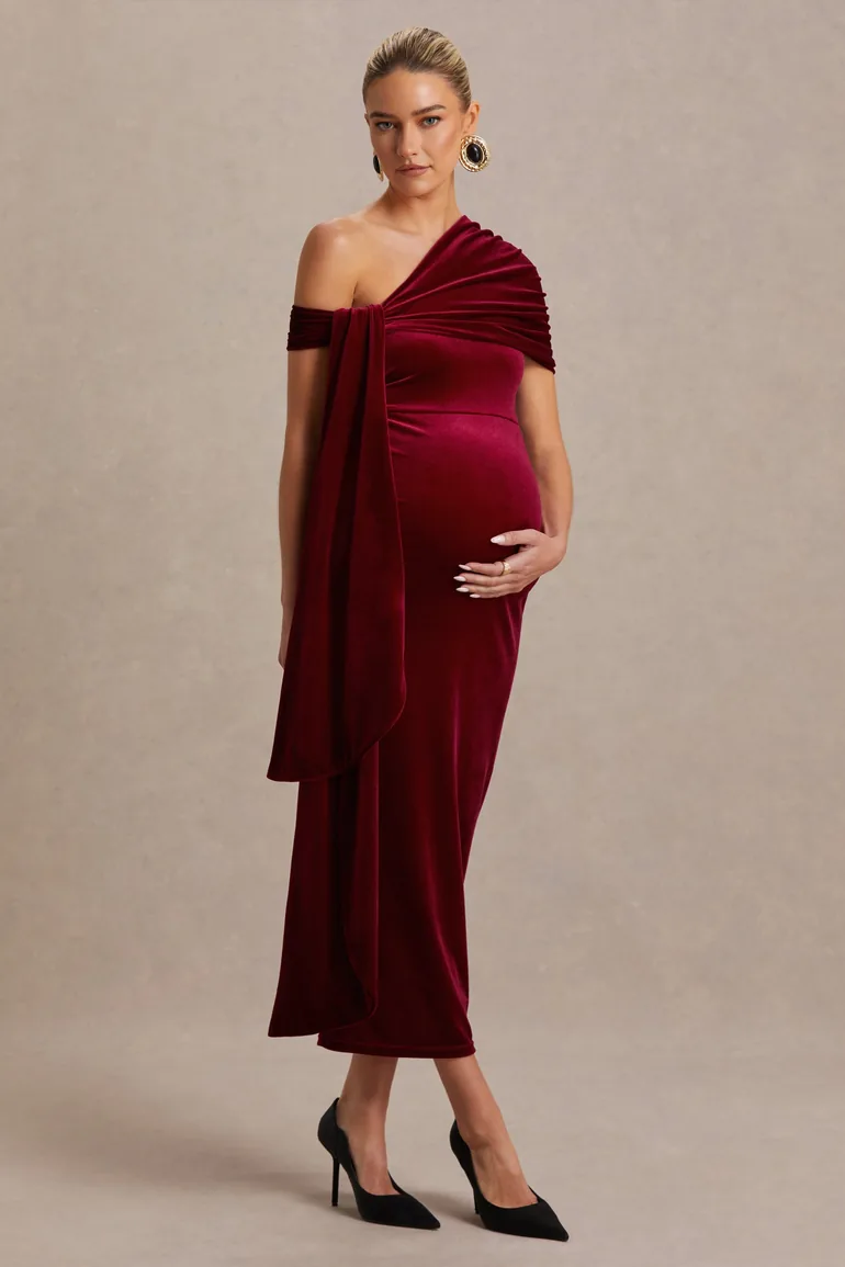 Zena | Burgundy Velvet Asymmetric-Neck Maternity Midi Dress With Knot And Sash Detail - 3