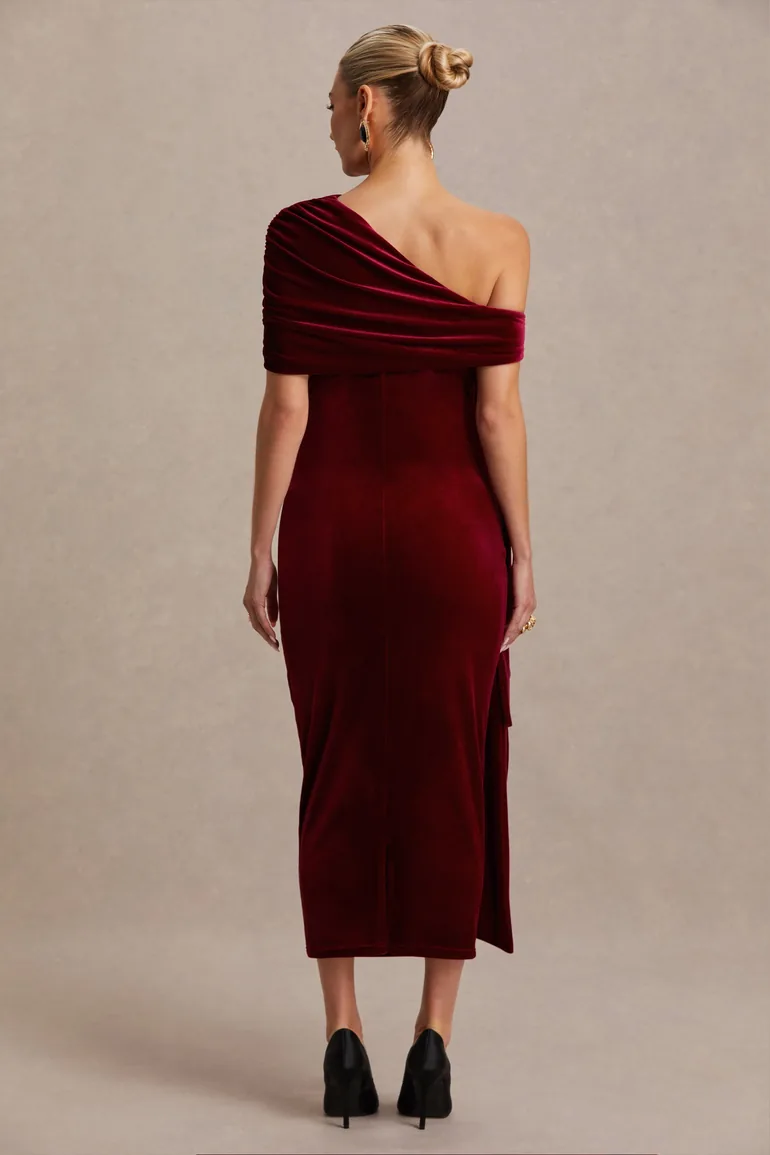 Zena | Burgundy Velvet Asymmetric-Neck Maternity Midi Dress With Knot And Sash Detail - 1