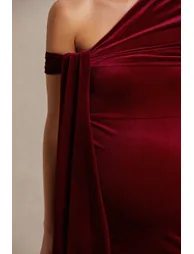 Zena | Burgundy Velvet Asymmetric-Neck Maternity Midi Dress With Knot And Sash Detail - 2