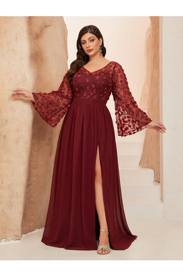 Leely Plus Women's Elegant V Neck Flare Sleeve Party Dresses