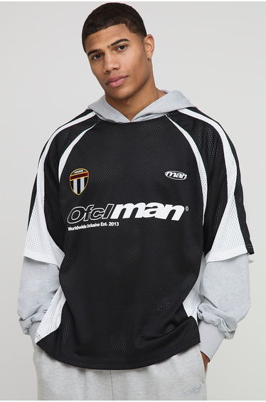Oversized Mesh OFCLMAN Faux Sleeve Sports Top Hoodie - black